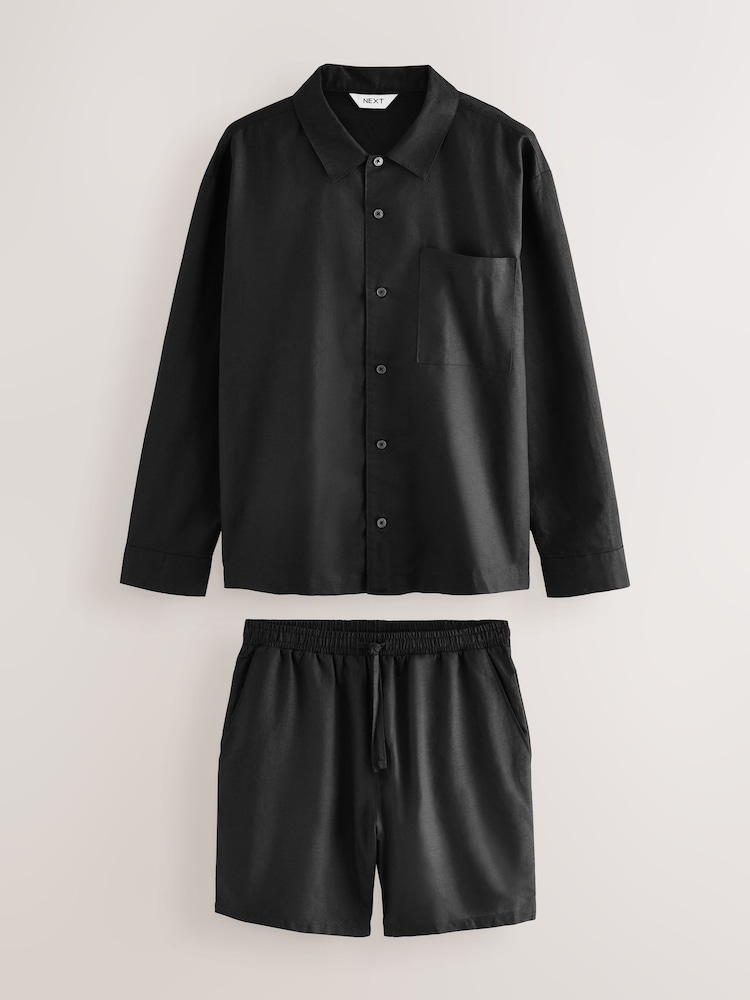 Black Linen Cotton Blend Shirt and Shorts Set - Image 8 of 12