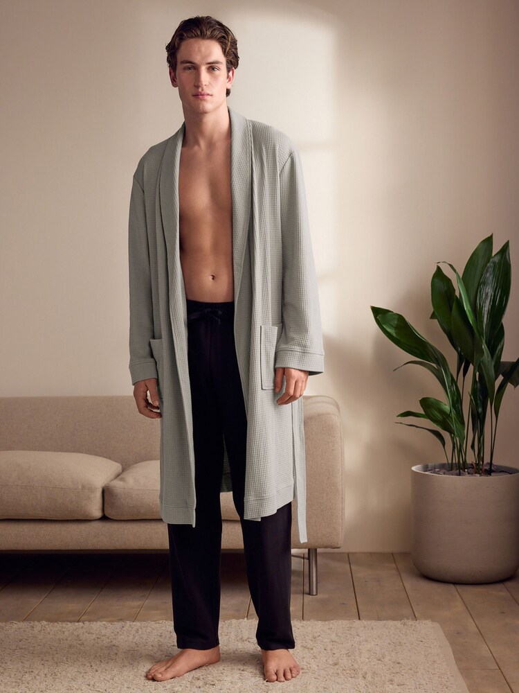 Flat Grey Lightweight Waffle Dressing Gown - Image 1 of 8