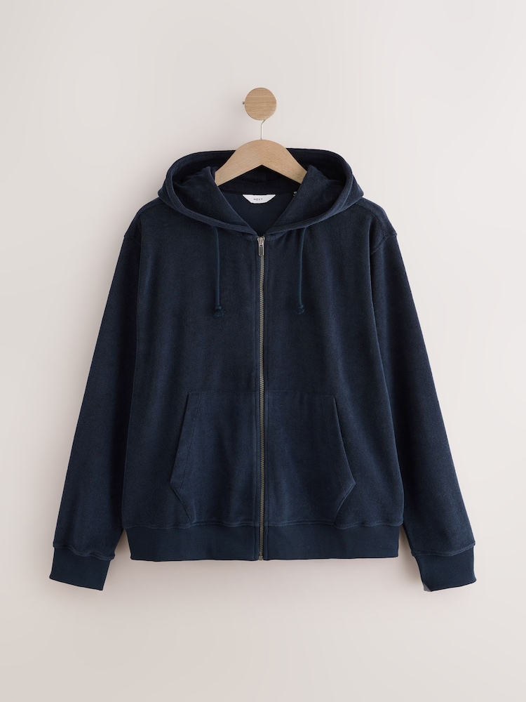 Navy Blue Towelling Zip Through Hoodie - Image 4 of 6