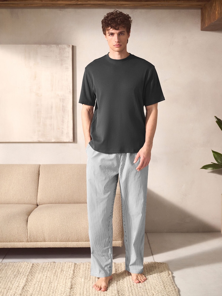 Slate Grey Stripe Woven Striped Short Sleeve Pyjamas Set - Image 1 of 11 Slate Grey Stripe Woven Striped Short Sleeve Pyjamas Set - Image 1 of 11
