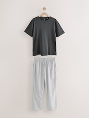 Slate Grey Stripe Woven Striped Short Sleeve Pyjamas Set - Image 7 of 11