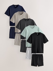 Black/Navy Blue/Multi - Jersey Pyjamas 100% Cottton Shorts Set 5 Pack - Image 1 of 22