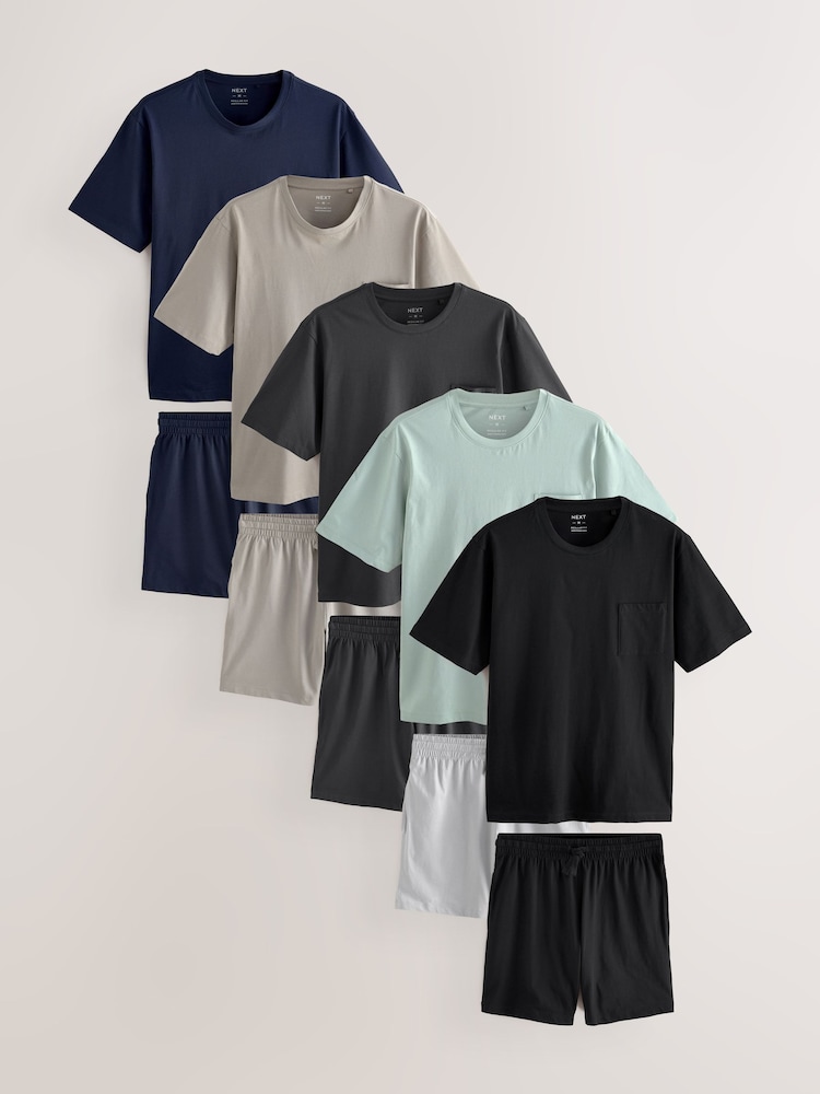 Black/Navy Blue/Multi Jersey Pyjamas 100% Cottton Shorts Set 5 Pack - Image 1 of 22 Black/Navy Blue/Multi Jersey Pyjamas 100% Cottton Shorts Set 5 Pack - Image 1 of 22