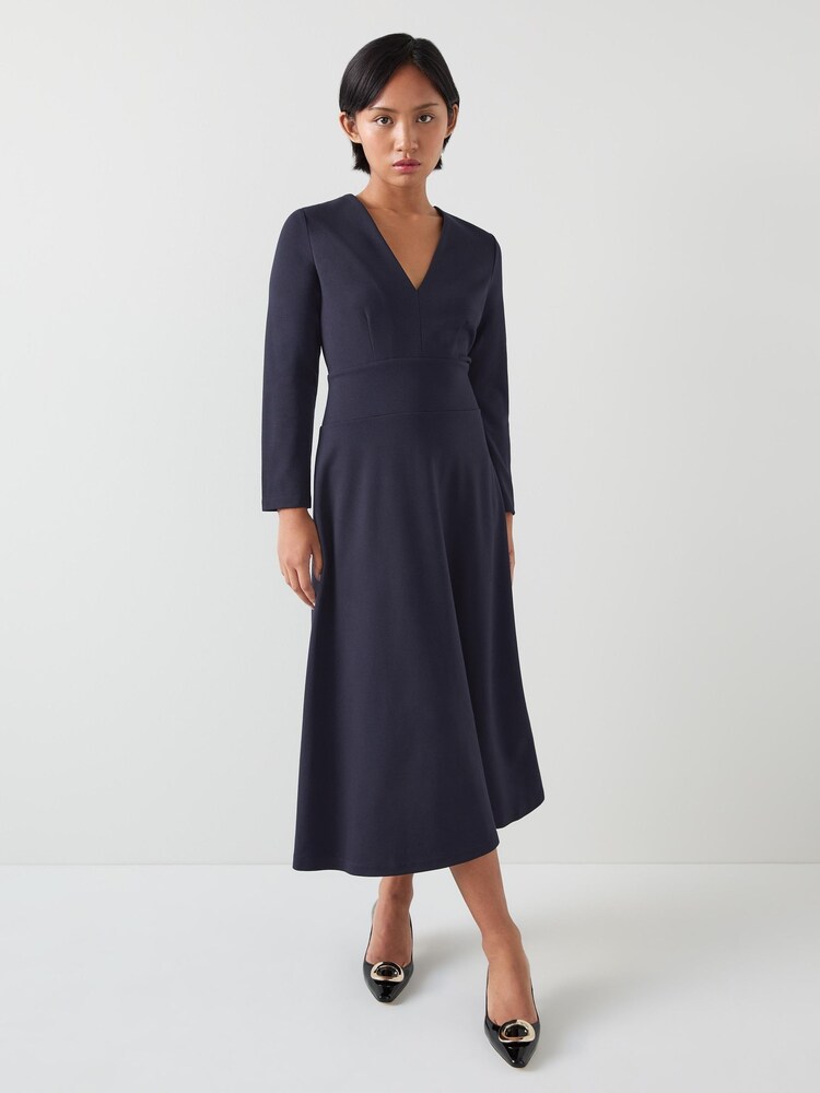 LK Bennett Blue Lauren Petite V-Neck Ponte Midi Dress - Image 1 of 4