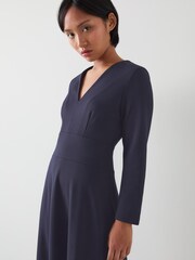 LK Bennett Blue Lauren Petite V-Neck Ponte Midi Dress - Image 3 of 4