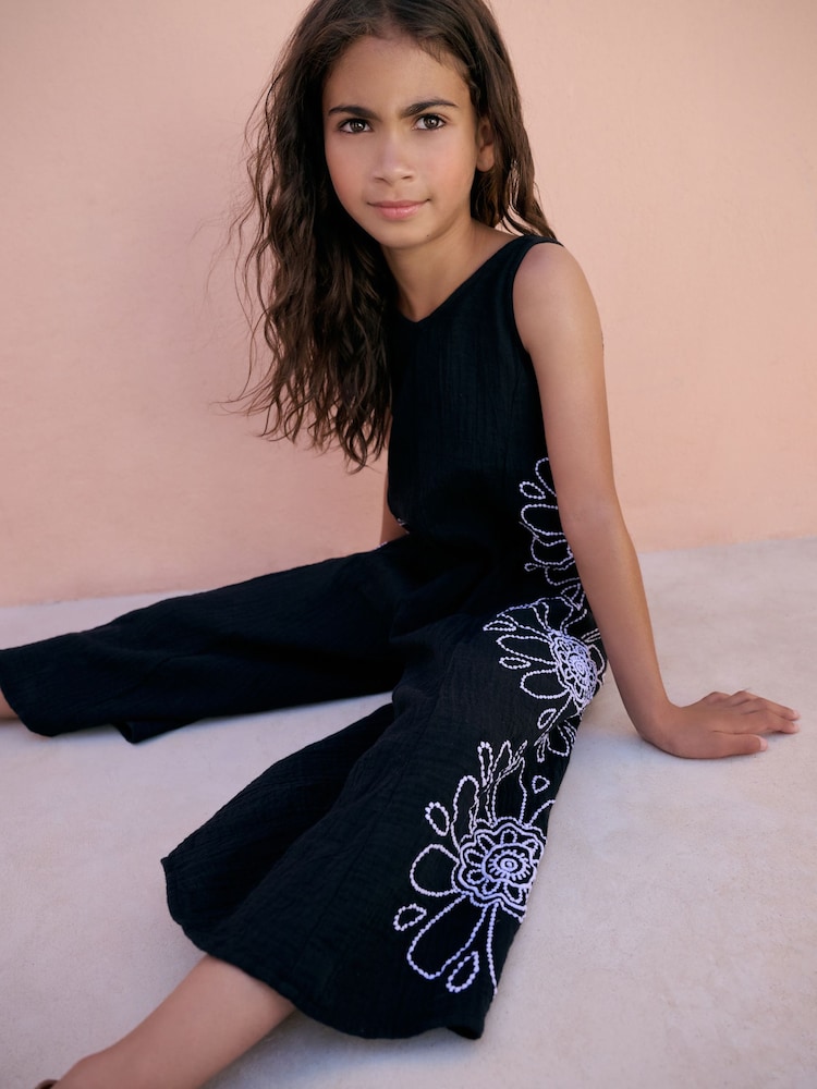 Monochrome Embroidered 100% Cotton Playsuit (3-16yrs) - Image 2 of 8 Monochrome Embroidered 100% Cotton Playsuit (3-16yrs) - Image 2 of 8