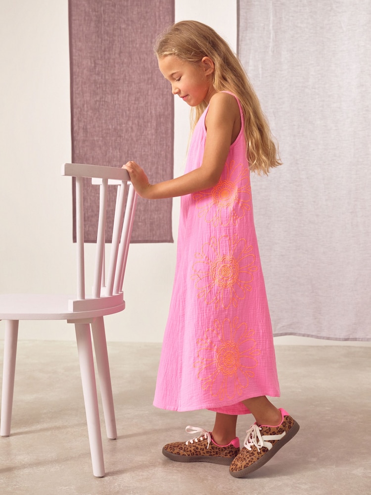 Pink Embroidered 100% Cotton Playsuit (3-16yrs) - Image 3 of 8