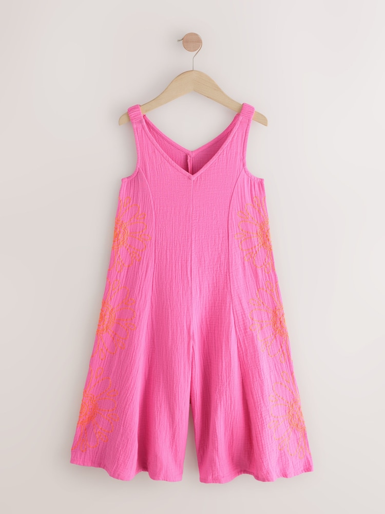 Pink Embroidered 100% Cotton Playsuit (3-16yrs) - Image 6 of 8