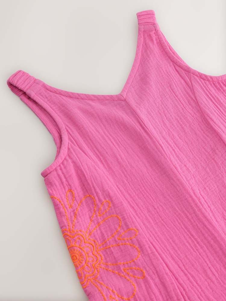 Pink Embroidered 100% Cotton Playsuit (3-16yrs) - Image 7 of 8