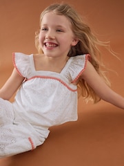 White Broderie 100% Cotton Top and Trousers Set (3-16yrs) - Image 3 of 8