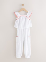 White Broderie 100% Cotton Top and Trousers Set (3-16yrs) - Image 4 of 8