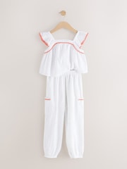 White Broderie 100% Cotton Top and Trousers Set (3-16yrs) - Image 5 of 8