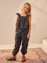Charcoal Grey Broderie 100% Cotton Top and Trousers Set (3-16yrs) - Image 1 of 4