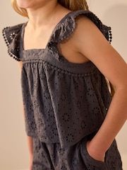 Charcoal Grey Broderie 100% Cotton Top and Trousers Set (3-16yrs) - Image 2 of 4