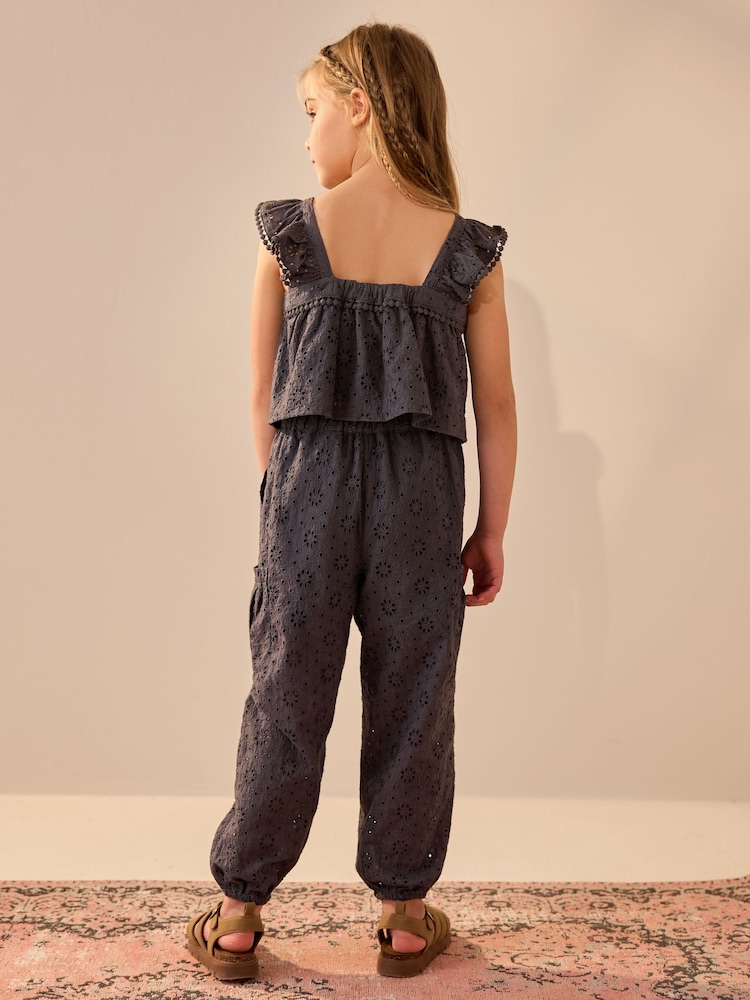 Charcoal Grey Broderie 100% Cotton Top and Trousers Set (3-16yrs) - Image 3 of 4