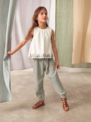 Khaki Green 100% Cotton Embroidered Top and Trousers Set (3-16yrs) - Image 1 of 8