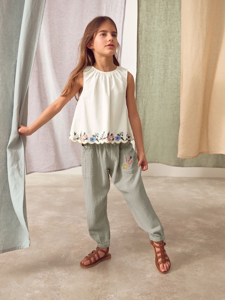 Khaki Green 100% Cotton Embroidered Top and Trousers Set (3-16yrs) - Image 1 of 8