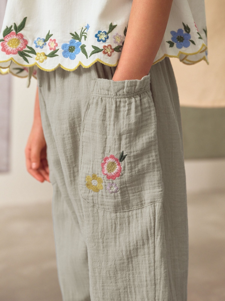Khaki Green 100% Cotton Embroidered Top and Trousers Set (3-16yrs) - Image 2 of 8