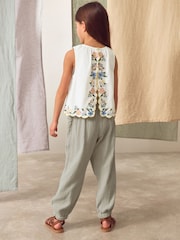 Khaki Green 100% Cotton Embroidered Top and Trousers Set (3-16yrs) - Image 3 of 8