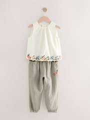 Khaki Green 100% Cotton Embroidered Top and Trousers Set (3-16yrs) - Image 5 of 8