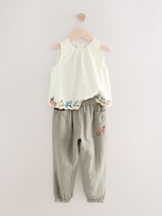 Khaki Green 100% Cotton Embroidered Top and Trousers Set (3-16yrs) - Image 6 of 8