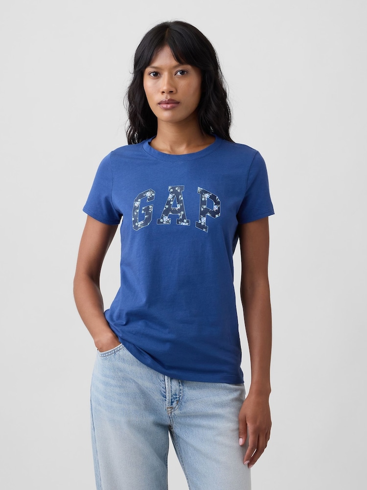 Gap Blue Floral Logo Short Sleeve T-Shirt - Image 1 of 5 Gap Blue Floral Logo Short Sleeve T-Shirt - Image 1 of 5