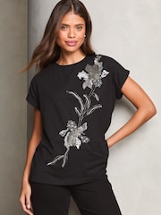 Lipsy Black Petite Embellished Artwork T-Shirt - Image 1 of 4