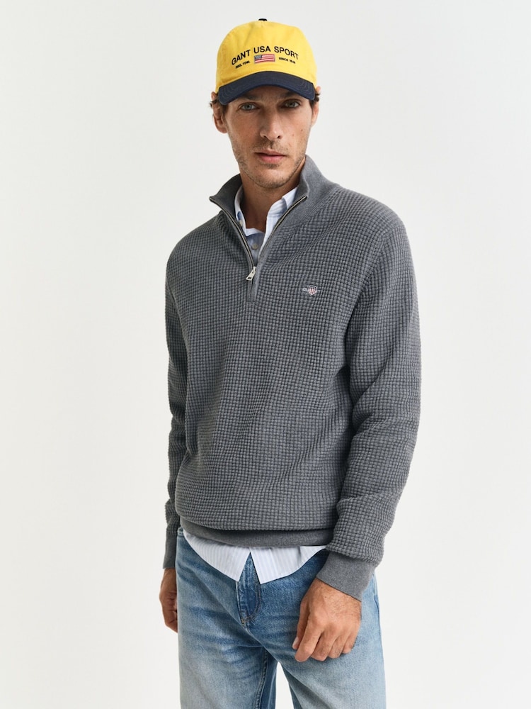 Серый - GANT Textured 100% Cotton Half Zip Jumper - Изображение 2 из 5