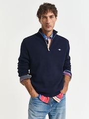 Темно-синий - GANT Textured 100% Cotton Half Zip Jumper - Изображение 2 из 6