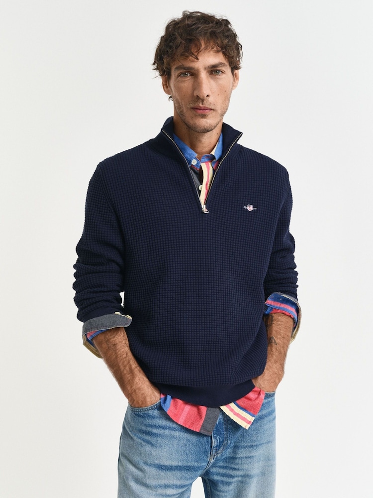 Темно-синий - GANT Textured 100% Cotton Half Zip Jumper - Изображение 2 из 6