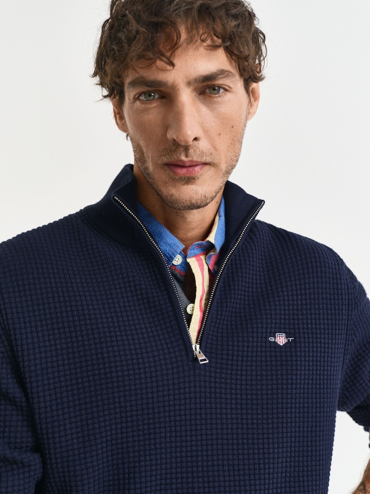 GANT Navy Textured 100% Cotton Half Zip Jumper - Image 2 of 6 GANT Navy Textured 100% Cotton Half Zip Jumper - Image 2 of 6