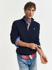 Темно-синий - GANT Textured 100% Cotton Half Zip Jumper - Изображение 4 из 6
