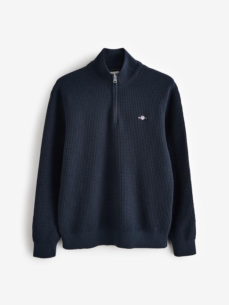 Темно-синий - GANT Textured 100% Cotton Half Zip Jumper - Изображение 6 из 6