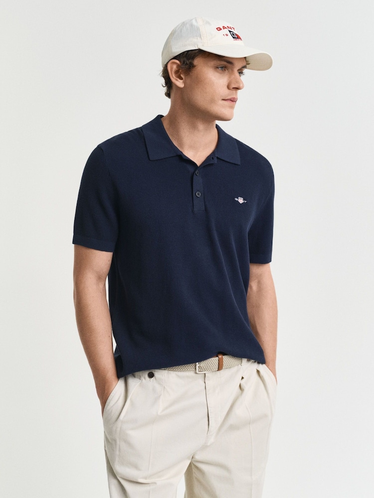 GANT Navy 100% Cotton Short Sleeve Micro Textured Polo Shirt - Image 1 of 5