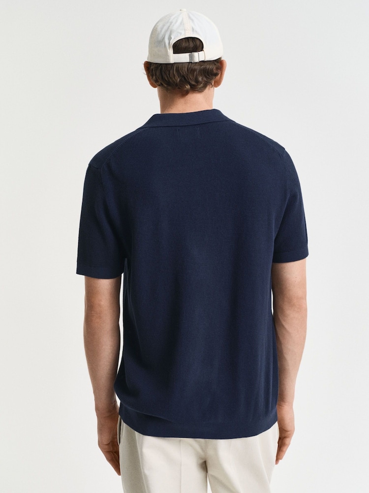 GANT Navy 100% Cotton Short Sleeve Micro Textured Polo Shirt - Image 2 of 5