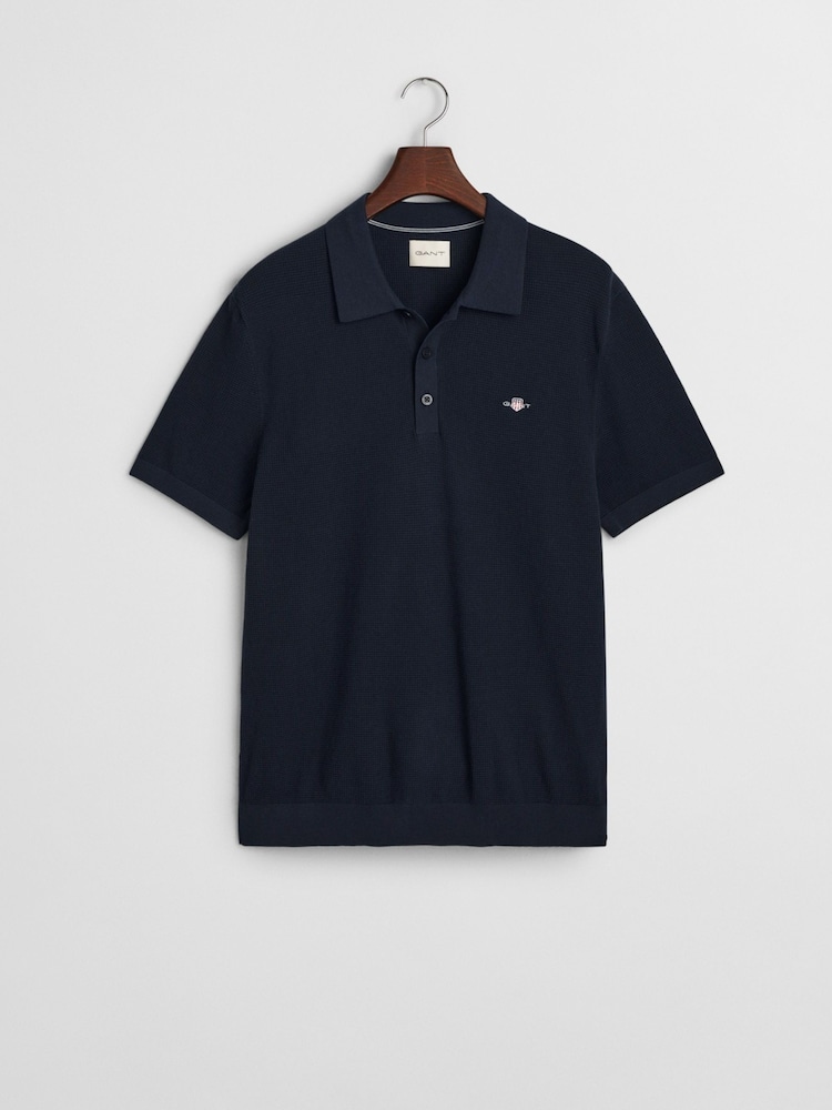 GANT Navy 100% Cotton Short Sleeve Micro Textured Polo Shirt - Image 5 of 5