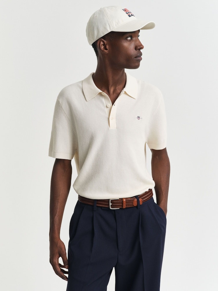 GANT Cream 100% Cotton Short Sleeve Micro Textured Polo Shirt - Image 1 of 5