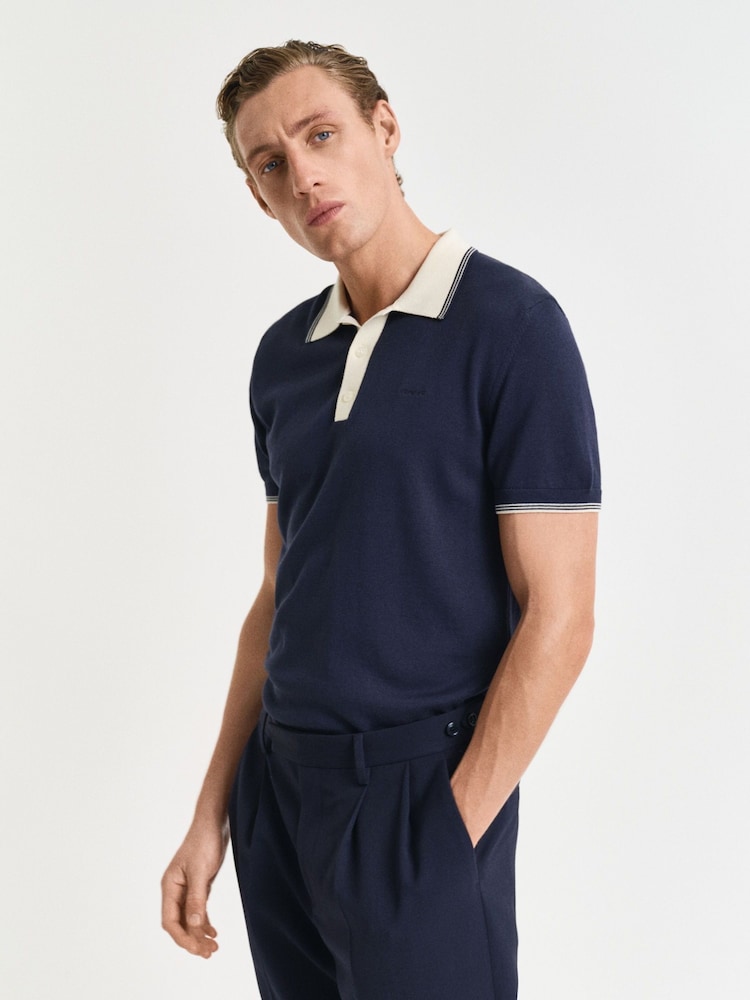 GANT Navy 100% Cotton Short Sleeve Modal Blend Polo Shirt - Image 1 of 5 GANT Navy 100% Cotton Short Sleeve Modal Blend Polo Shirt - Image 1 of 5