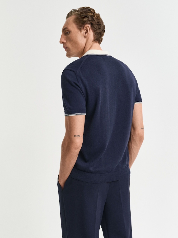 GANT Navy 100% Cotton Short Sleeve Modal Blend Polo Shirt - Image 2 of 5 GANT Navy 100% Cotton Short Sleeve Modal Blend Polo Shirt - Image 2 of 5