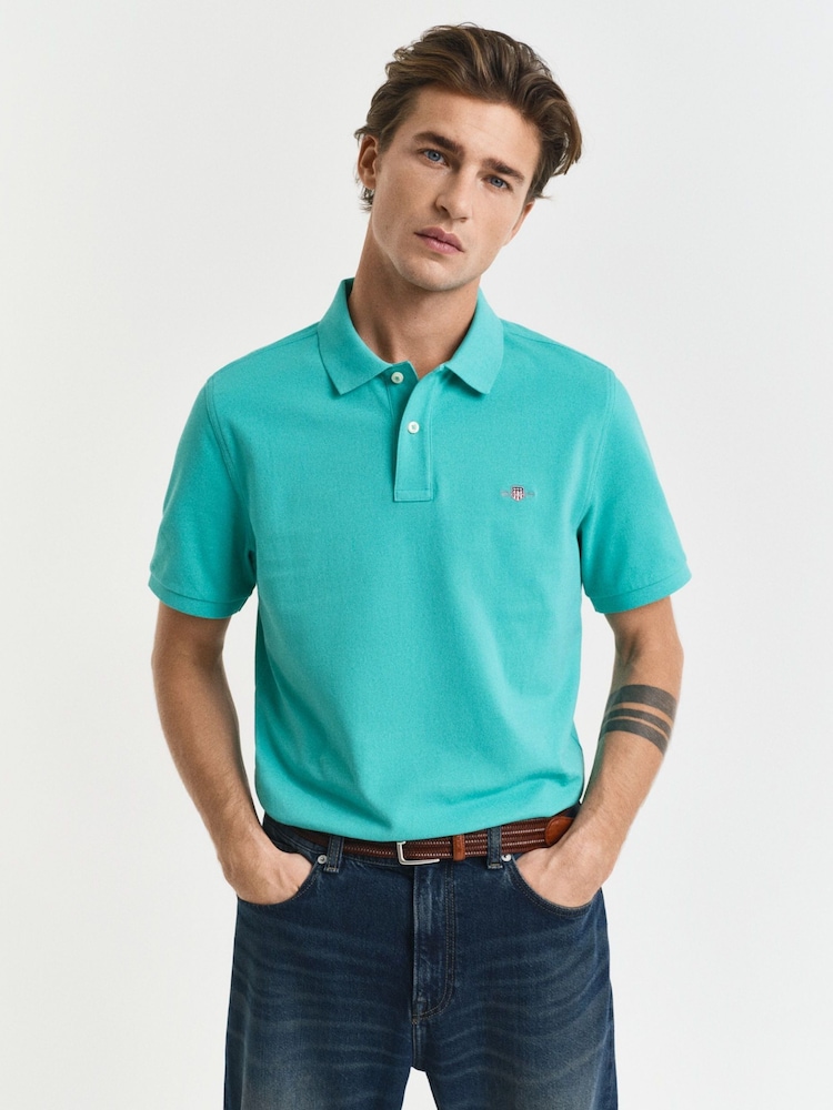 GANT Turquoise 100% Cotton Regular Short Sleeve Shield Logo Pique Polo Shirt - Image 1 of 5
