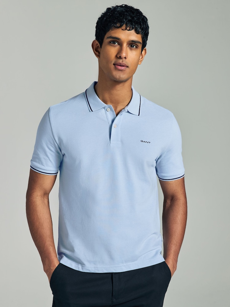 GANT Mid Blue Tipped Collar Pique 100% Cotton Polo Shirt - Image 1 of 2