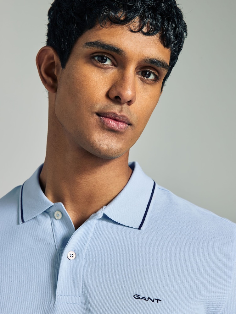 GANT Mid Blue Tipped Collar Pique Polo Shirt - Image 3 of 5