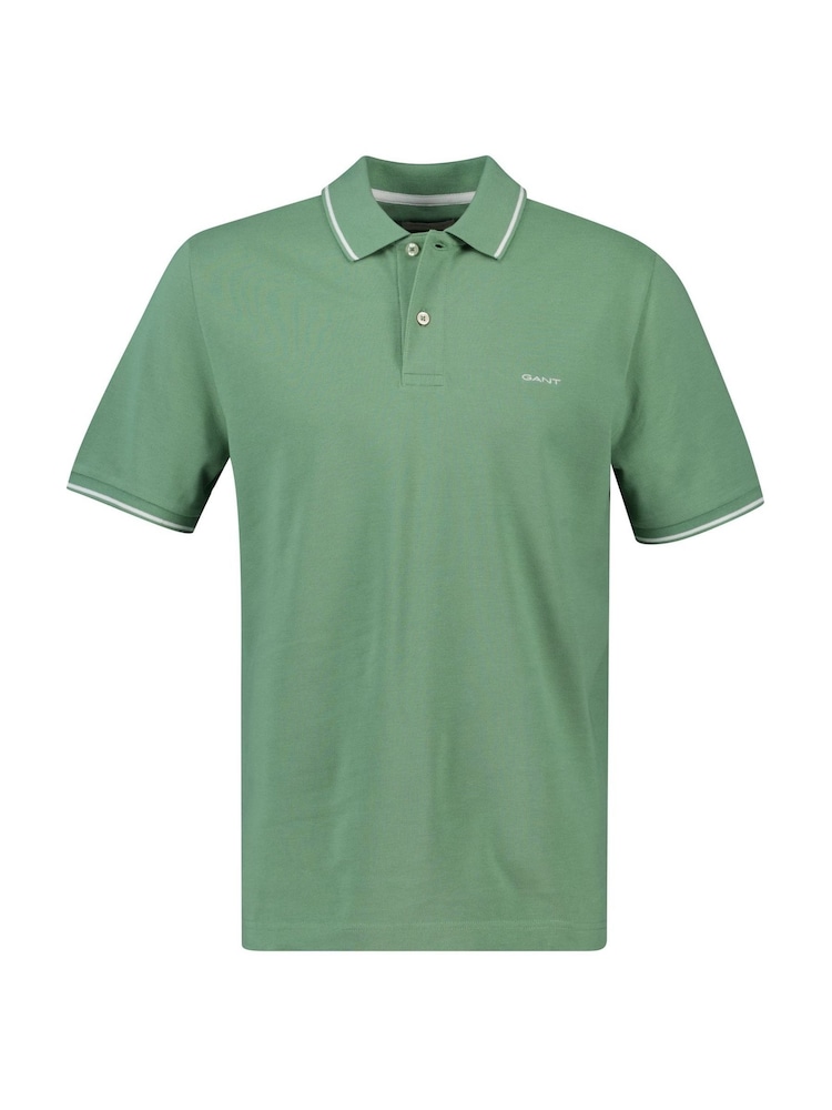 GANT Green Tipped Collar Pique Polo Shirt - Image 1 of 3