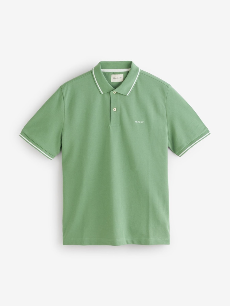GANT Green Tipped Collar Pique Polo Shirt - Image 3 of 3