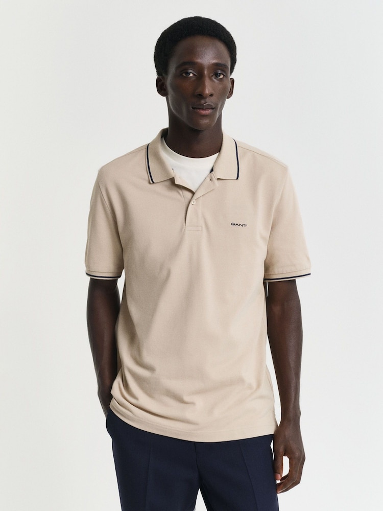 GANT Tan Brown Tipped Collar Pique Polo Shirt - Image 1 of 5