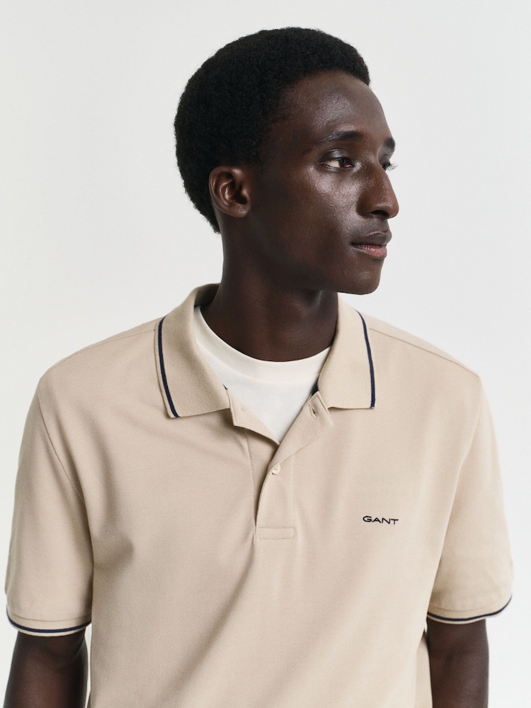 GANT Tan Brown Tipped Collar Pique Polo Shirt - Image 4 of 5
