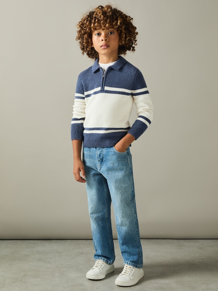 Reiss Blue/White Gallow 3-9 yrs Half-Zip Colour-Block Polo Shirt - Image 1 of 4