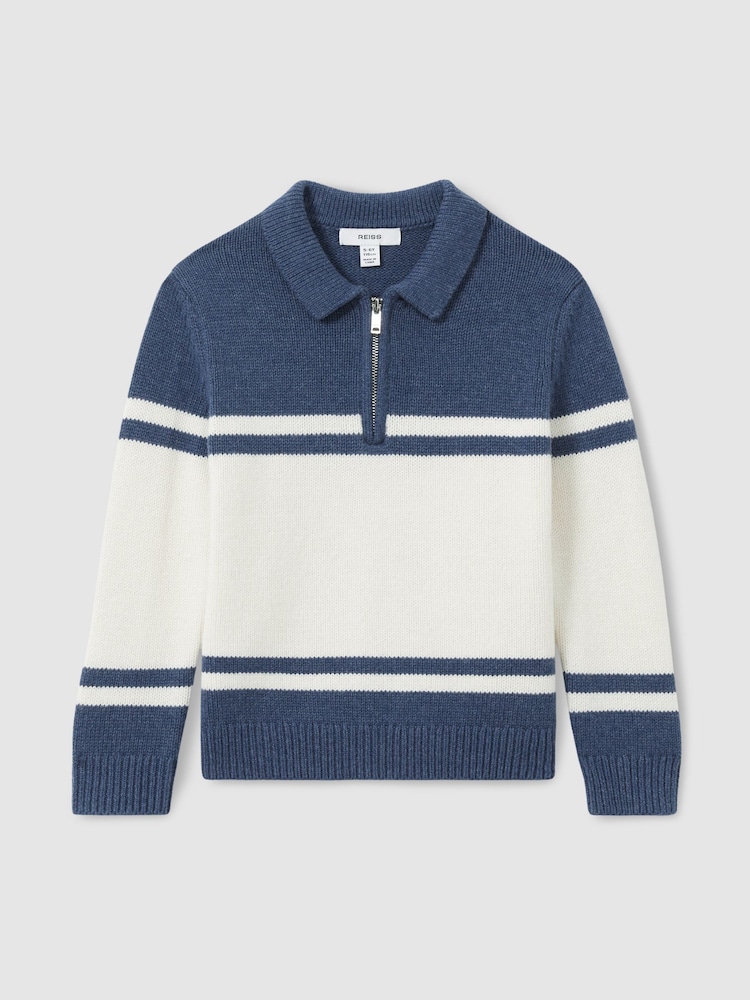 Reiss Blue/White Gallow 3-9 yrs Half-Zip Colour-Block Polo Shirt - Image 2 of 4