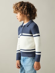 Reiss Blue/White Gallow 3-9 yrs Half-Zip Colour-Block Polo Shirt - Image 3 of 4