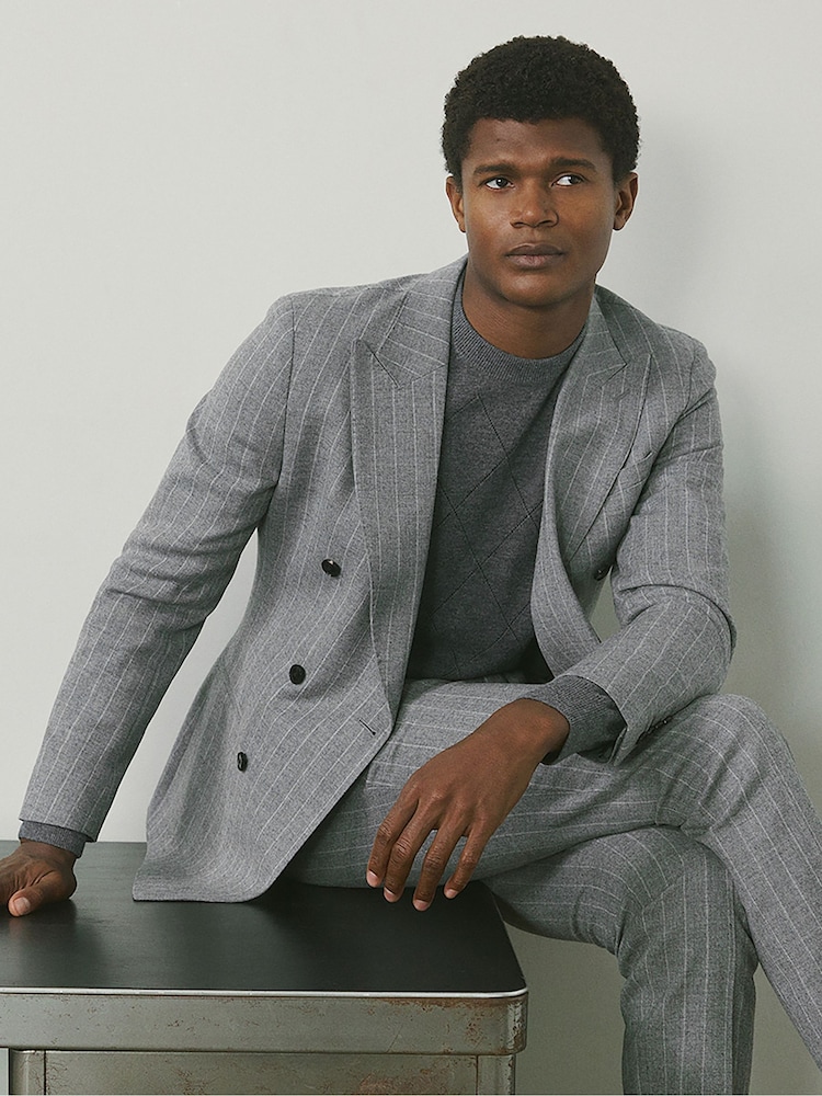 Reiss Soft Grey Lab Double-Breasted Blazer in Wool-Blend Pinstripe - Image 1 of 9